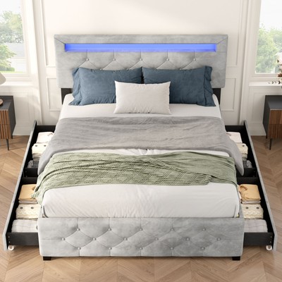 Home Full Size Bed Upholstered Storage Bed Frame with 4 Drawers & LED Light Bed