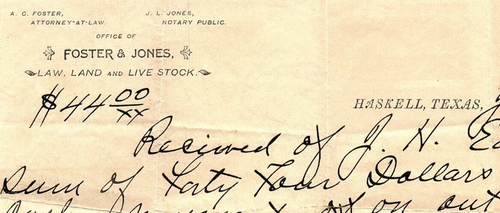 1901 HASKELL TEXAS FOSTER & JONES LAW LAND AND LIVE STOCK BILLHEAD QUITTUNG Z5206