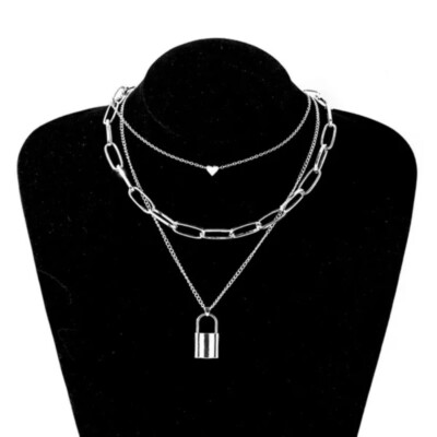 BEAUTIFUL 3-STRAND SILVER PAPERCLIP NECKLACE w/ HEART & LOCK 24'' FASHION