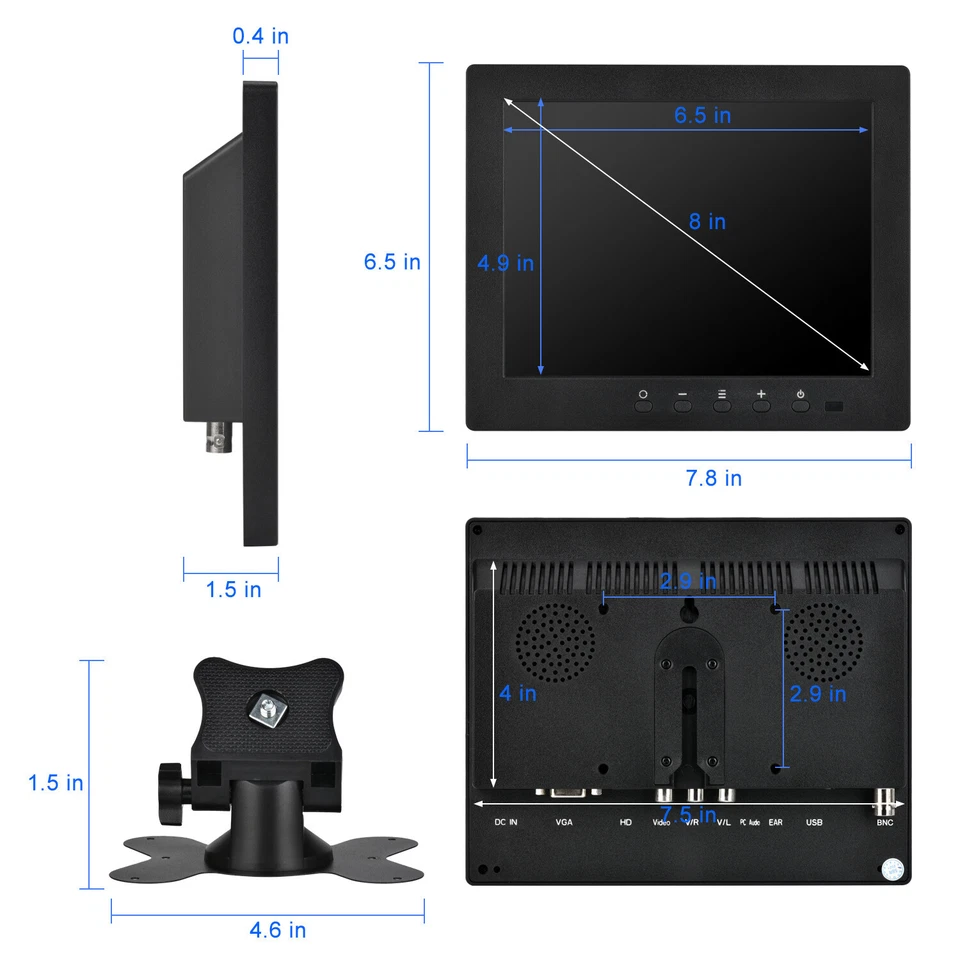Portable 8'' Mini TV LCD Display CCTV Monitor AV/VGA/HDMI/BNC USB Media Player - Image 3 of 4