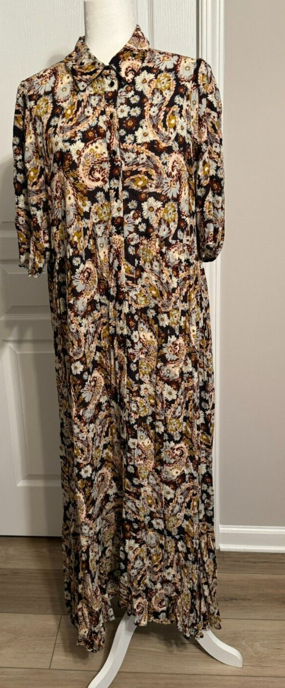bohme maxi dress size medium full button front 3/4 sleeve brown floral-image