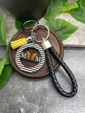 5" Leather Keychain  1" Mom Wood Charm Tassel New Free Ship Butterfly A3702