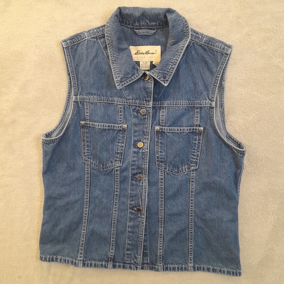 Eddie Bauer Denim Jean Vest Biker Womens L/G Clincher Cinch