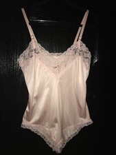 Vintage Pink Nylon Teddy with lace and rose - M / L