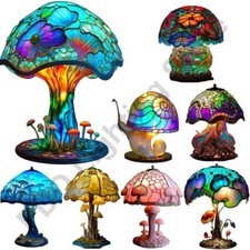 Vintage Table Lamp Stained Glass Resin Mushroom Plant Flower Bedroom Decoration
