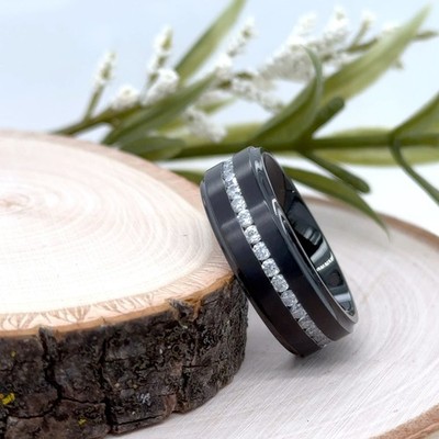 8mm Black Titanium Ring For Christmas White CZ Stone Inlay Hypoallergenic Band