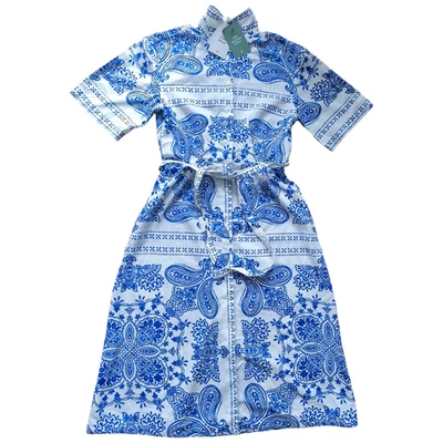 H&M Midi Blusenkleid Leinenmix Gr S Weiß/Blau Paisleymuster Kurzarm A-Linie NEU - Bild 1 von 3