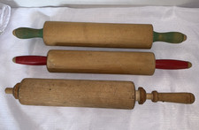 Vintage Lot of 3 Primitive Wood Rolling Pins Red Green Handles