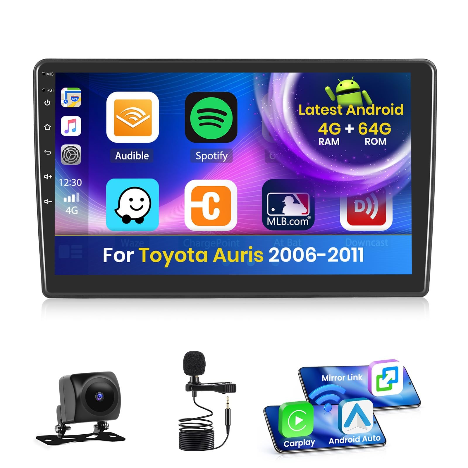 Radio pour Toyota Auris 2006-2011 Android 15 Écran 10 Pouces 4G 64G sans Fil Autoradio GPS Black
