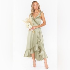 Show Me Your Mumu Samantha Ruffle Wrap Dress Moss Green Luxe Satin Large