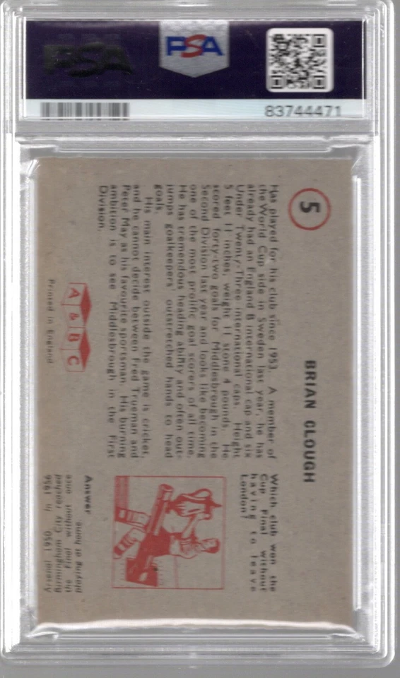 Brian Clough 1958-59 A&BC Footballers #5  (Planet) PSA 6 RC - Image 2 of 2
