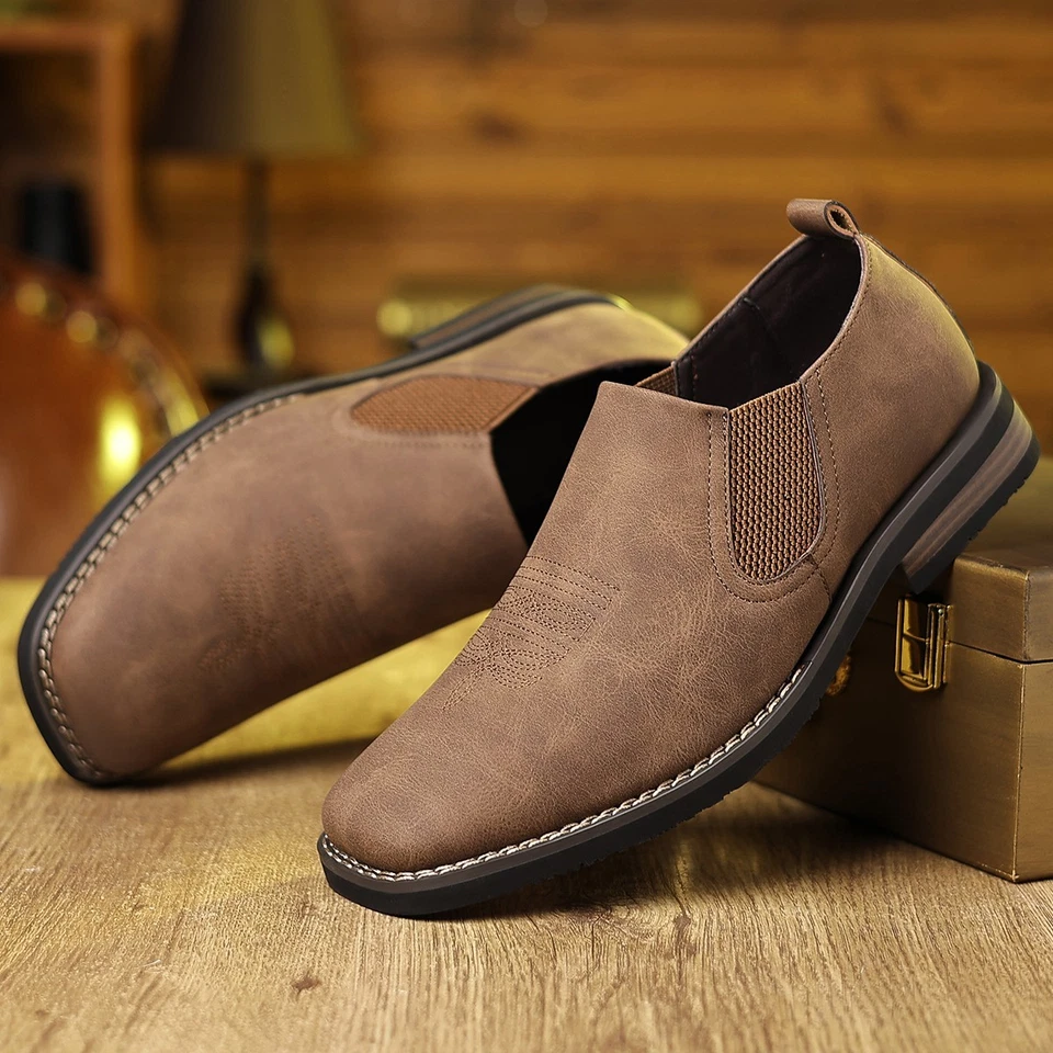 Zapatos sin cordones grises/marrones para hombre - lado elástico texturizado, suela antideslizante puntera cuadrada Foto 3 de 4