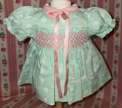 Decade Unknown Factory Tur/Pink Cotton Smocked DOLL DRESS (7 3/4 in L)
