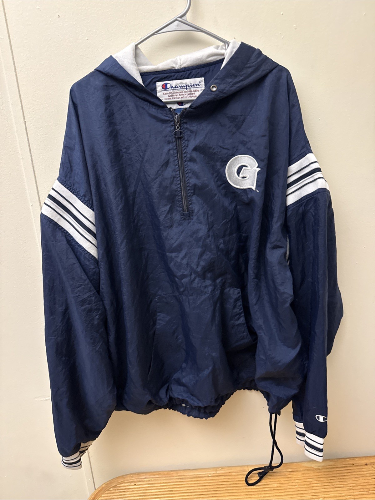 VTG Champion Pullover Windbreaker Jacket Mens Size XXL Blue White Stripe 1/4 Zip