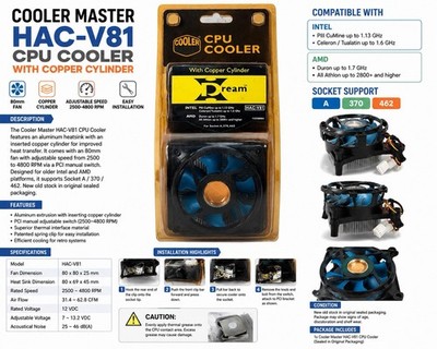 Cooler Master HAC-V81 CPU Cooler With Copper Cylinder Socket A 370 462 New 
