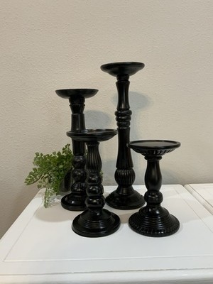 Vtg Elements Black Round Column Resin Tiered Pillar Candle Holder Set Of 4