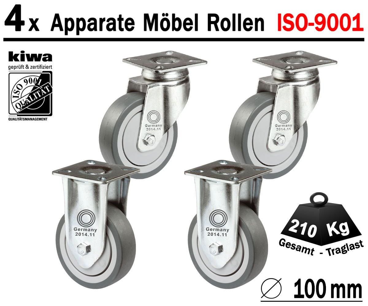 Möbelrollen Apparate Laufrollen Lenk Rollen 4 x Ø 100 mm Le-Bo BS-Rollen Germany