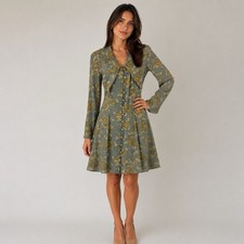 Carole Little Dress 6 Vtg Fit Flare Long Sleeve Green Foral Earthy Cottagecore