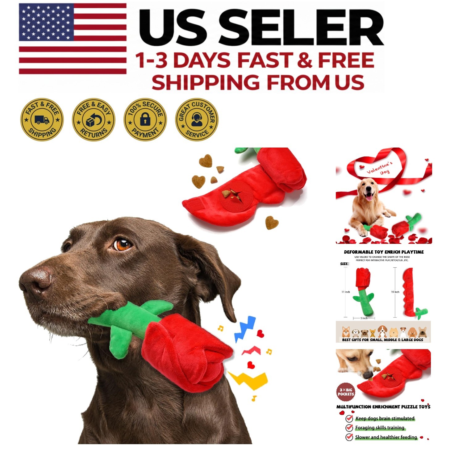 Rose Dog Snuffle Toy - Squeaky Crinkle Puzzle Enrichment Gift for All Dogs