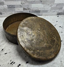 Antique Victorian 7.5" Copper Embossed Figure Biscuit Container Pantry Box