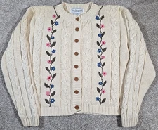 Melbourne Country VTG Cardigan Sweater Cable Knit Ramie Cotton Embroidery Size L