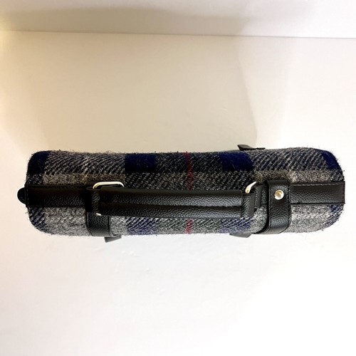 Harris Tweed Mini Messenger Bag Navy Plaid Zipped Pockets Shoulder Strap Wool - Picture 6 of 16