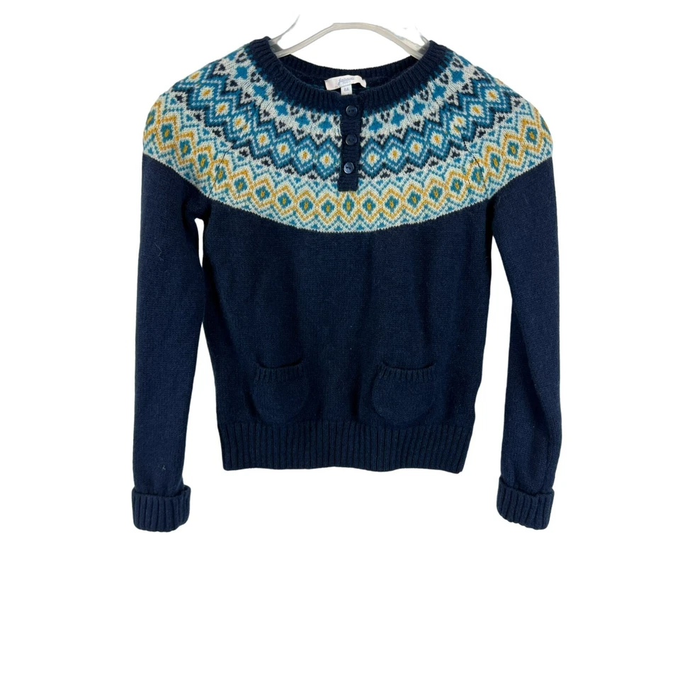 Suéter Henley Jacadi Paris infantil meninas malha ilha justa mistura de lã azul marinho 8A/Y - Imagem 2 de 4