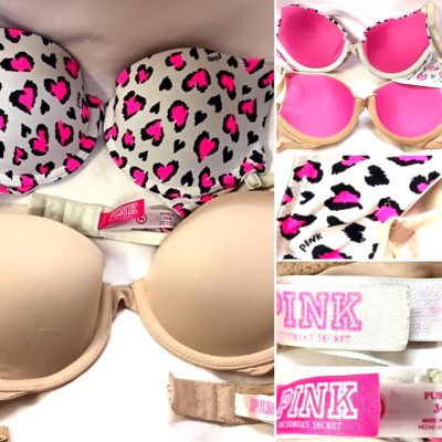 VICTORIAS SECRET PINK WEAR EVERYWHERE BRAS 34A WHITE WIRED LIGHTLY LINED 2 BRAS