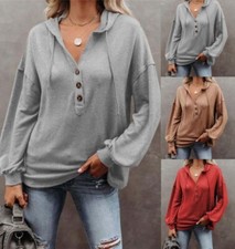 Womens Long Sleeve Sweatshirt Blouse Ladies Button V Neck Hoodies Tops Plus Size