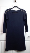 Talbots Navy Blue Honeycomb Textured Knit Shift Dress Gold Button Boat Neck PP