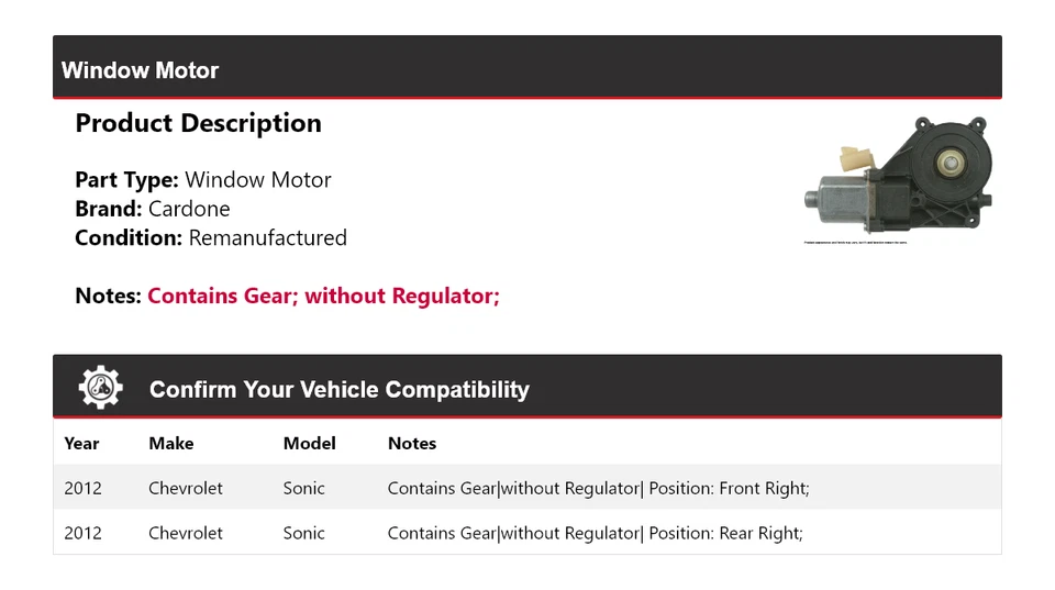 Для 2012 Chevrolet Sonic окно двигателя Cardone - Изображение 2 из 4