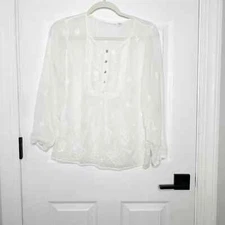 UNCOMMON THREADS J. JILL White Embroidered Henley Blouse Size XS Petite