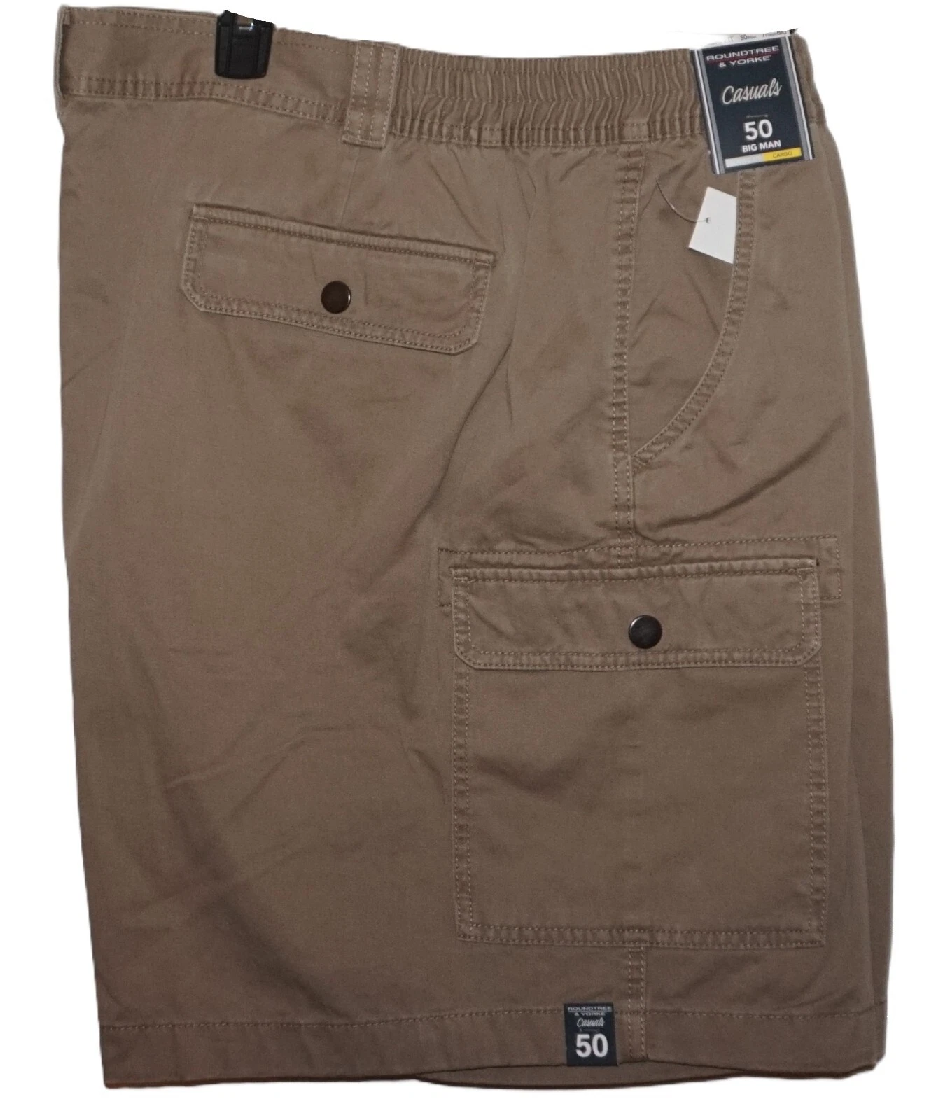 Roundtree Yorke Cargo Shorts Khaki BIG 50 Classic Fit Flat Front Expandable NWT