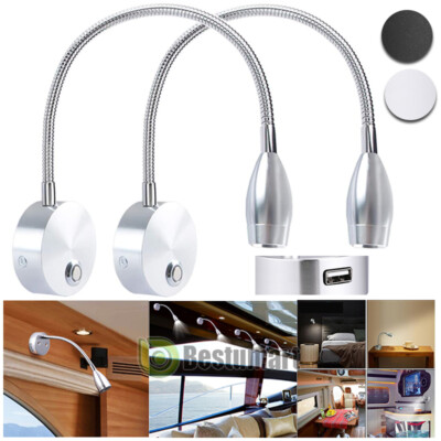 2x 12V RV LED Reading Lights Wall Mount Dimmable Flexible Lamp USB Phone  Charger