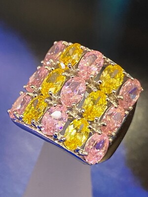 GROSSER DAMENRING GLITZERNDE ROSA & GELBE OVALE STEINE 925 STERLINGSILBER Größe 7