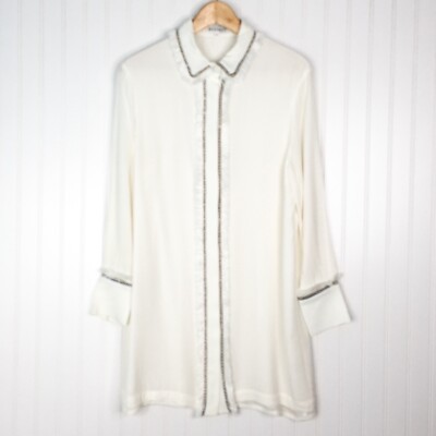 Elliott White Small Dress Black Gold Embroidery Fringe Long Sleeve Womens 