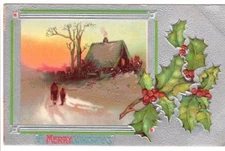 Vintage Postcard Christmas Embossed Holly Walking Home Sunset nice art card