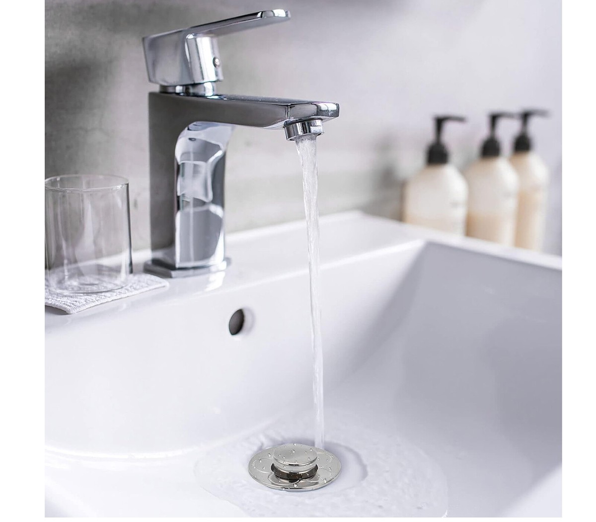 Tappo Scarico Pop-up Universale Per Lavabo - Ceramica Bianca, Antintasamento Capelli