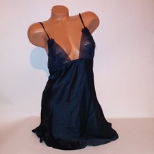 Victoria Secret Lingerie Chemise Slip Large Navy Blue Bling Embroidered Satin