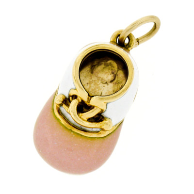 Vintage Felix Vollman 18k Gold groß weiß rosa Emaille Baby Schuh Charm Anhänger