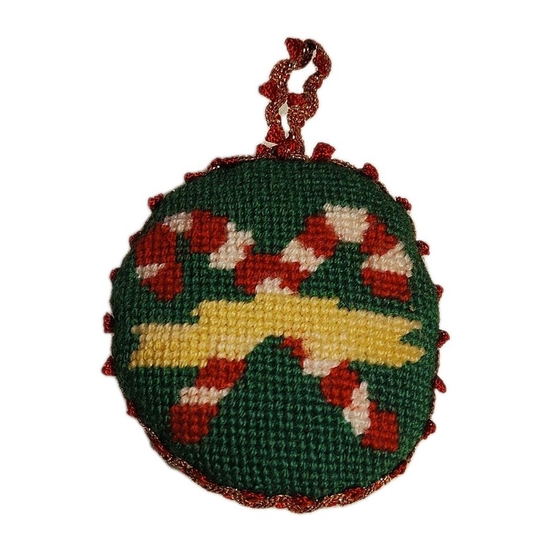 Vintage Needlepoint Stuffed Candy Cane Toy Bag Christmas Ornament 4" Green Red