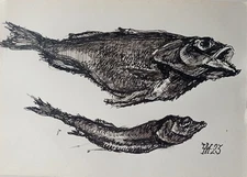 Fish Graphics Original Art Expressionistic Painting 7.4 x 10.6 in