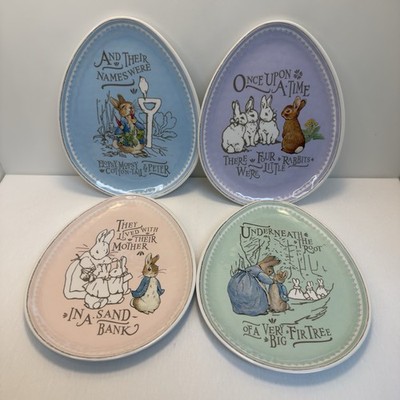 Pottery Barn Kids Beatrix Potter Set 4 Melamine Pastel Egg Shaped Plates Easter