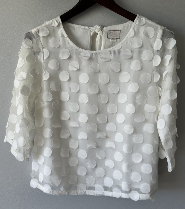 Anthropology 9-h15 stcl Brand Woman Top Size 2 White Sheer Lined Dots