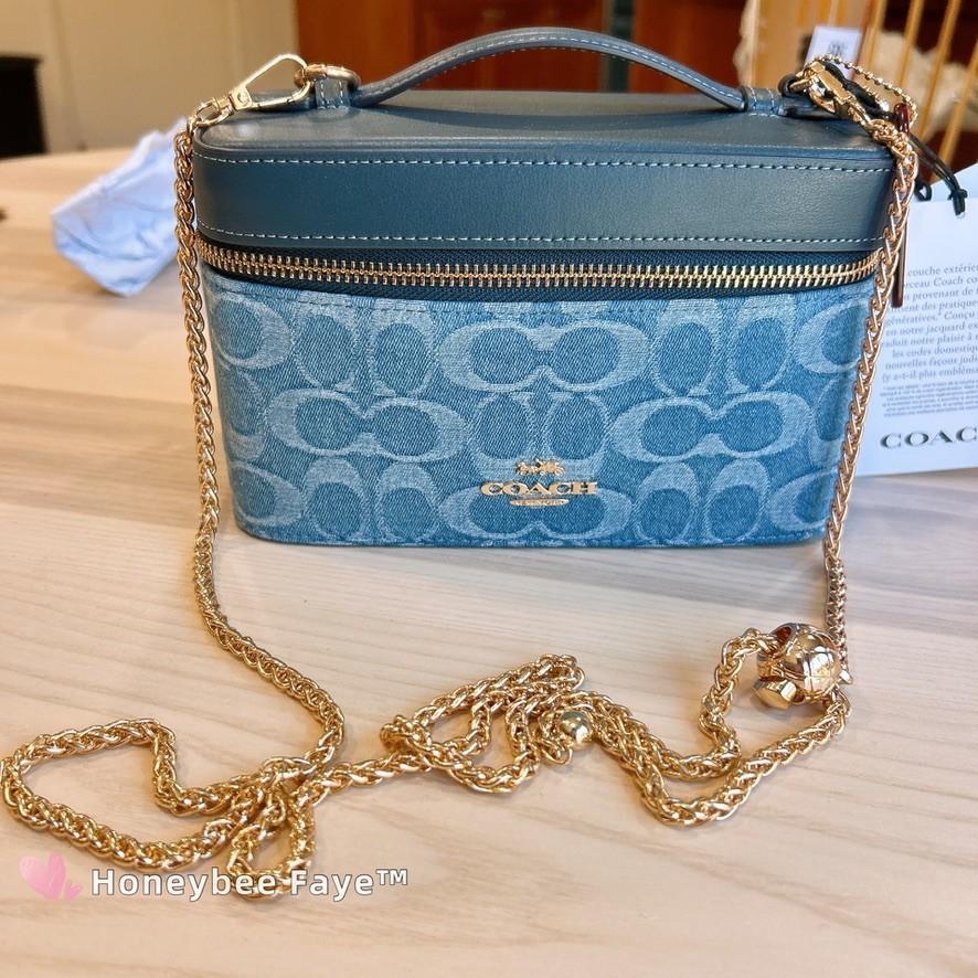 NWT Coach Cosmetic Case In Denim CDC16 with long chain strap for
