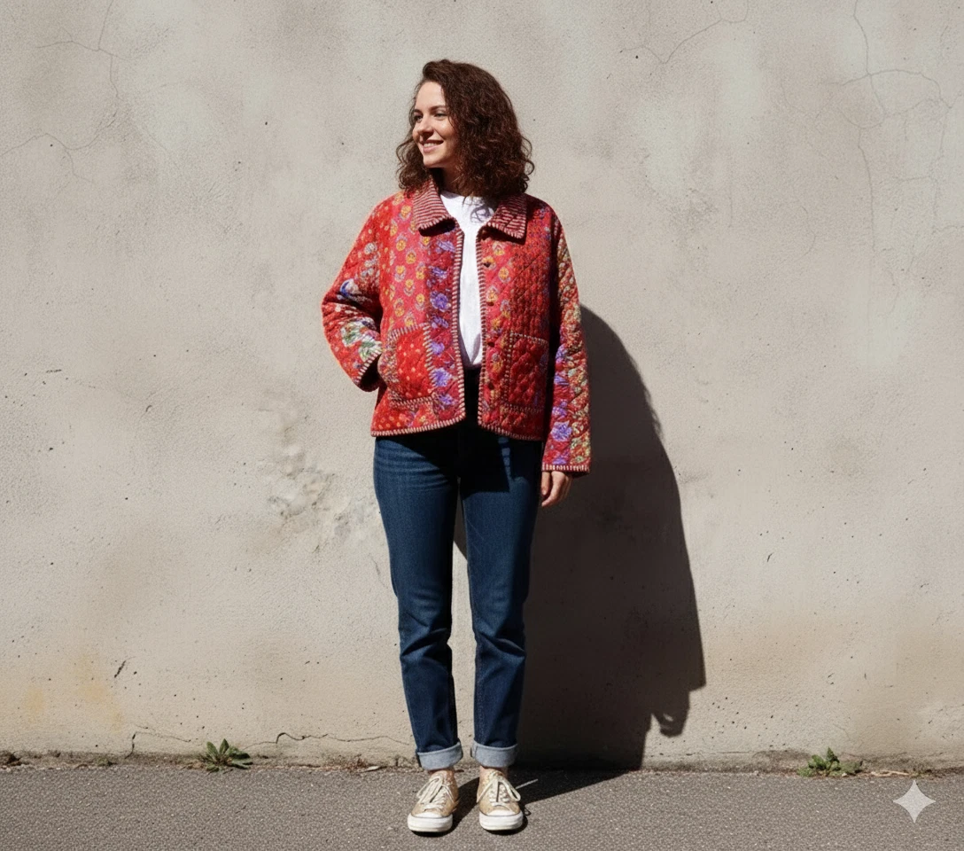 Indian Red Quilted Patchwork Jacket Handmade Cotton jacket Women's Clothing US