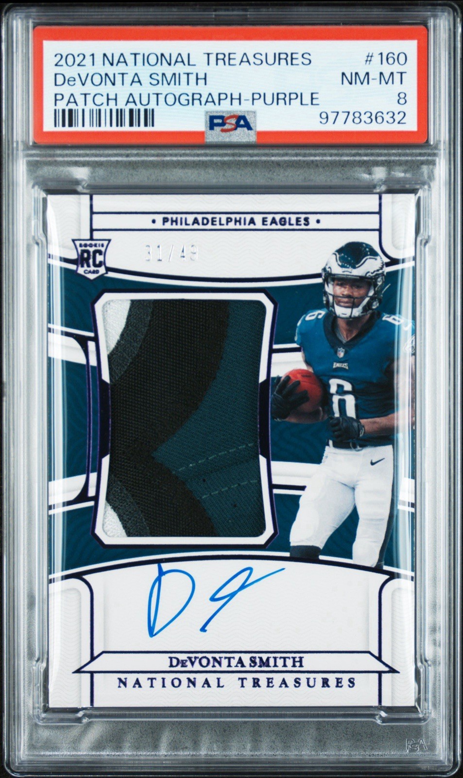 2021 National Treasures - Devonta Smith #160 - Patch Auto Purple /49 PSA 8 NM-MT