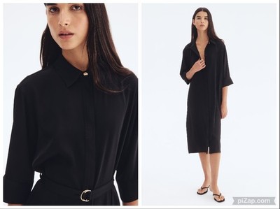 H&M Shirt Dress Solid Black 3/4 Sleeves Satin  Twill  Midi Belted Small NWT