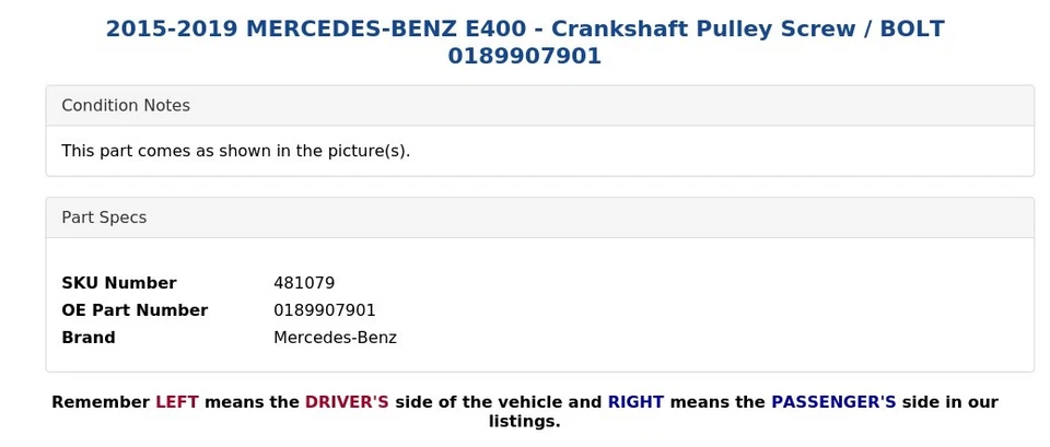 Mercedes-Benz E400 2015-2019 - Tornillo/perno de polea del cigüeñal 0189907901 Foto 4 de 4