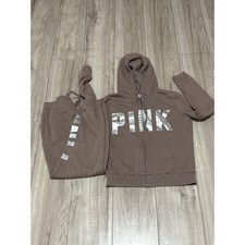 Victoria's Secret PINK Full Zip Hoodie and Joggers Set Brown Silver Logo Medium